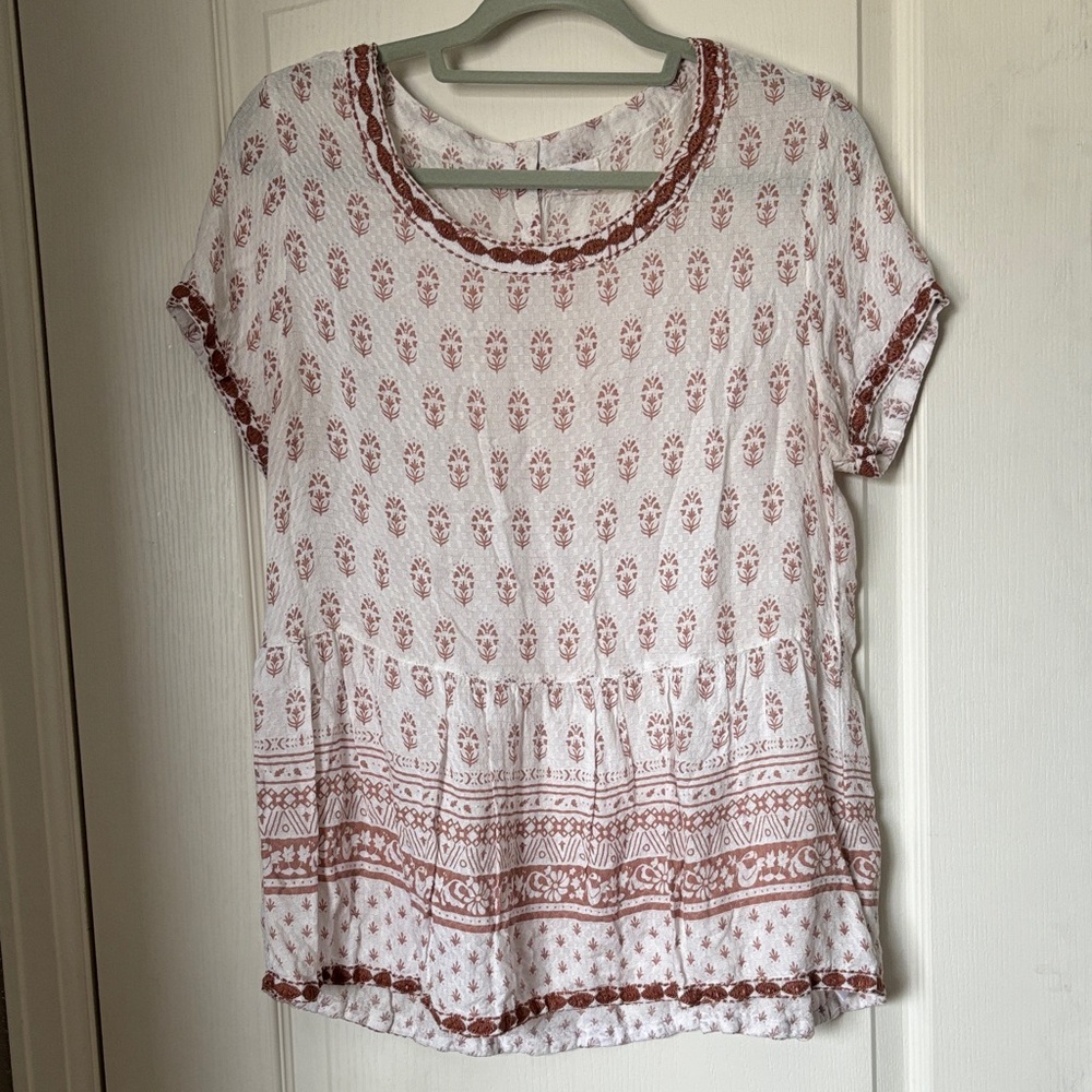 Sigrid Olsen White Tunic Top with Rust Print